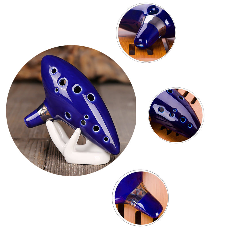 Ocarina De 12 Agujeros Alnicov - Tono Alto C, Cerámica Azul, Con Bolsa Y Soporte
